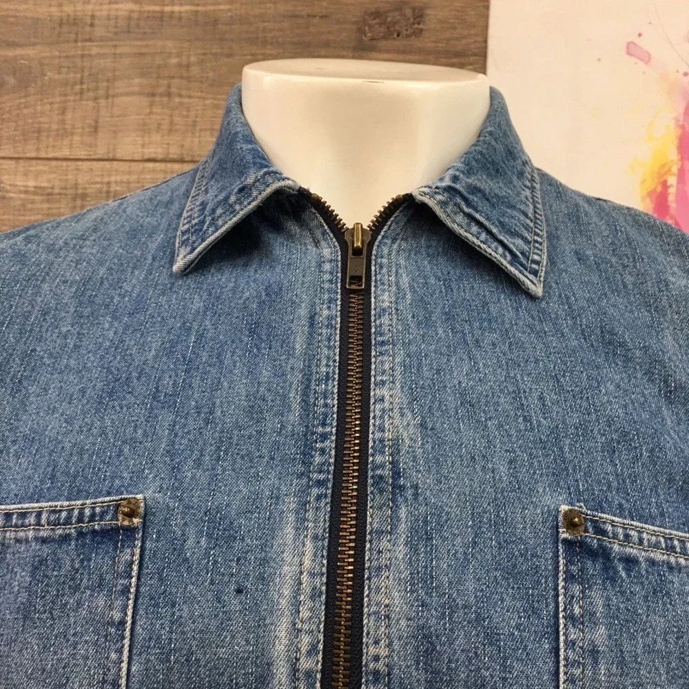 Vintage Denim Co Men's Y2K Medium M Short Sleeve Full‎ Zip Denim Shirt Blue